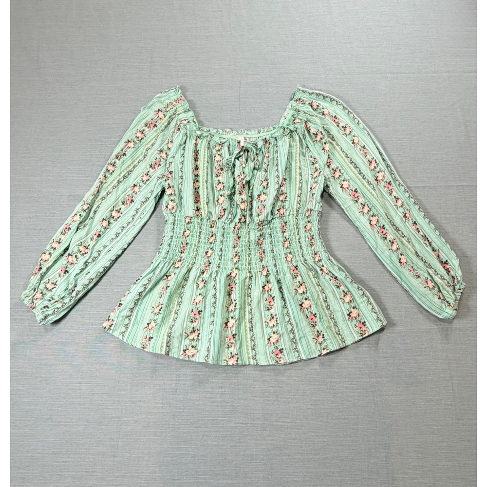 No Boundaries Mint Floral Smocked Peplum Blouse Long Sleeve Peasant Top Medium